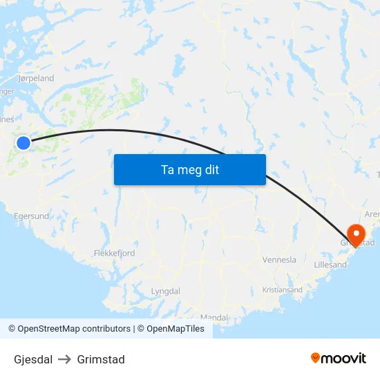 Gjesdal to Grimstad map