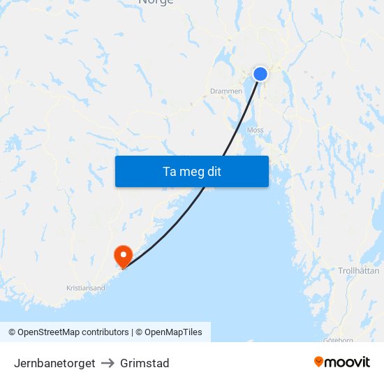 Jernbanetorget to Grimstad map