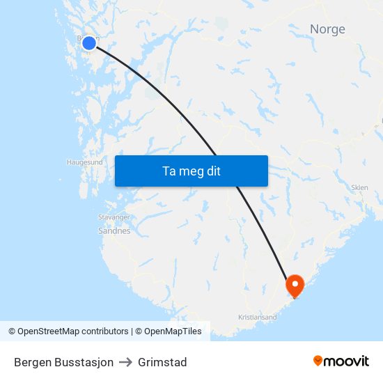 Bergen Busstasjon to Grimstad map
