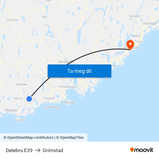 Dølebru E39 to Grimstad map