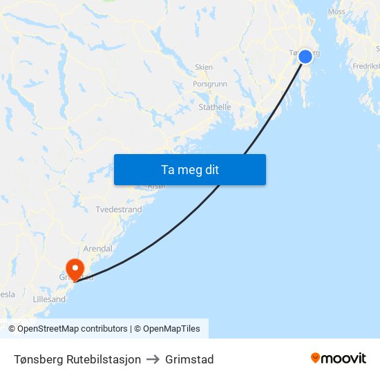 Tønsberg Rutebilstasjon to Grimstad map