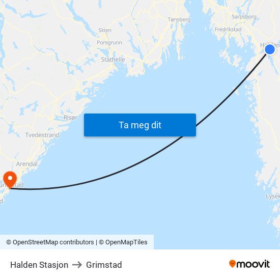 Halden Stasjon to Grimstad map