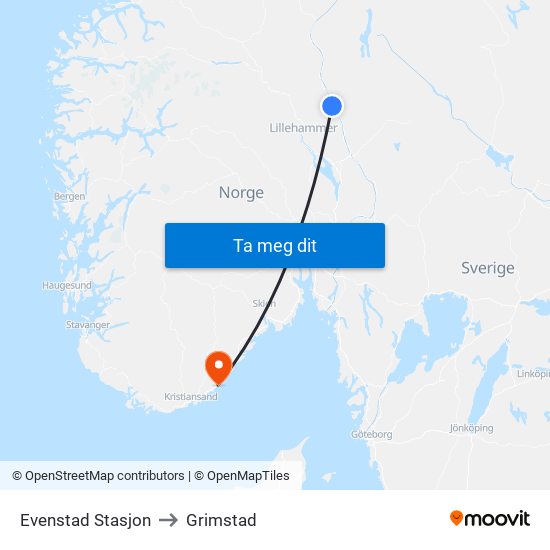 Evenstad Stasjon to Grimstad map