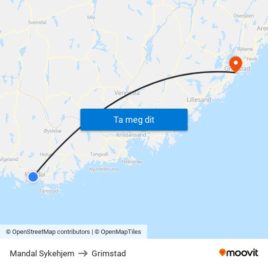 Mandal Sykehjem to Grimstad map