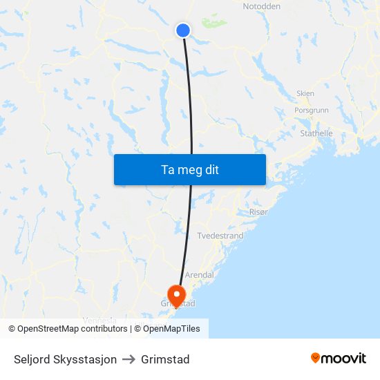 Seljord Skysstasjon to Grimstad map