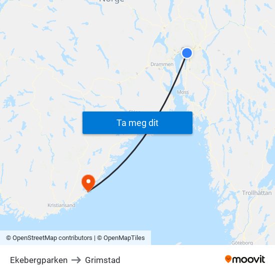 Ekebergparken to Grimstad map