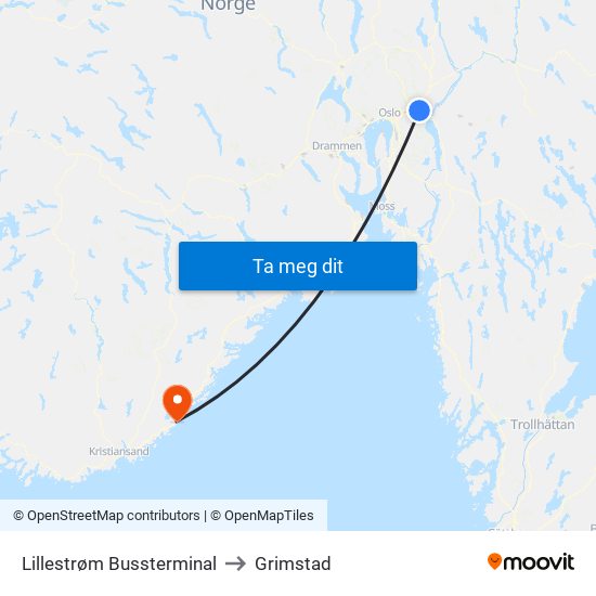 Lillestrøm Bussterminal to Grimstad map