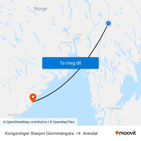 Kongsvinger Stasjon Glommengata to Arendal map