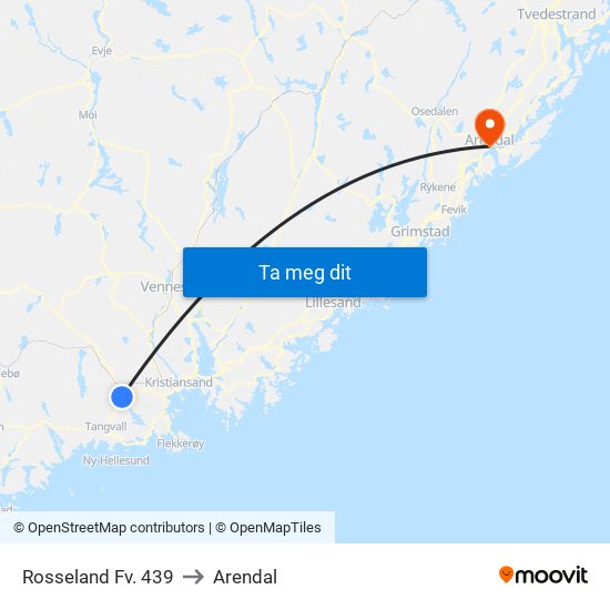 Rosseland Fv. 439 to Arendal map