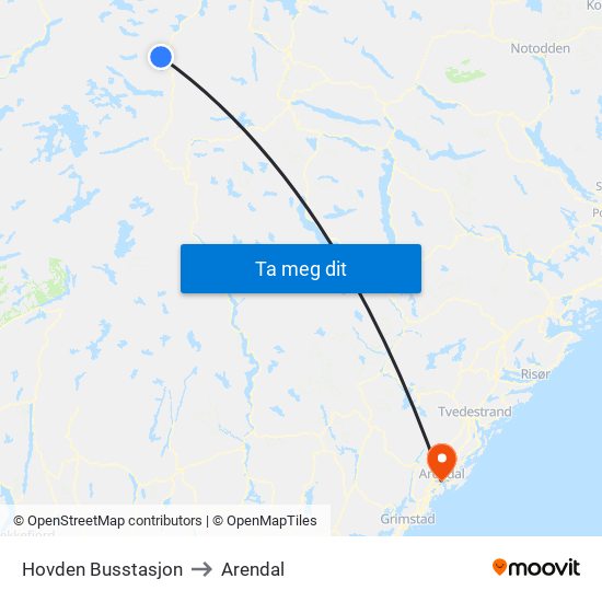 Hovden Busstasjon to Arendal map