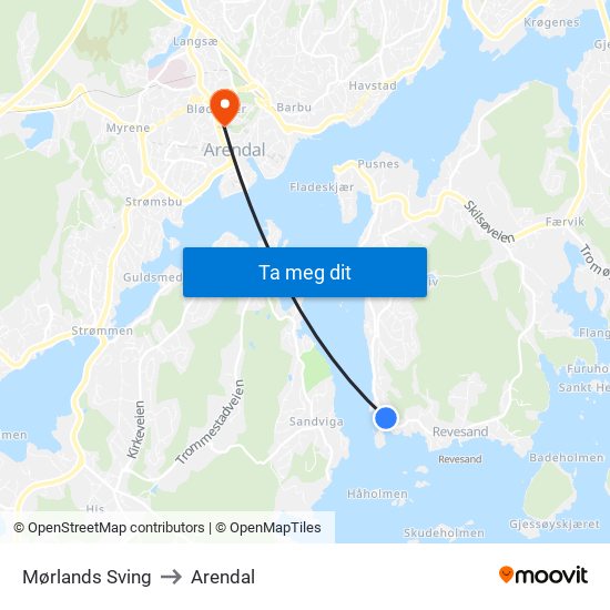 Mørlands Sving to Arendal map