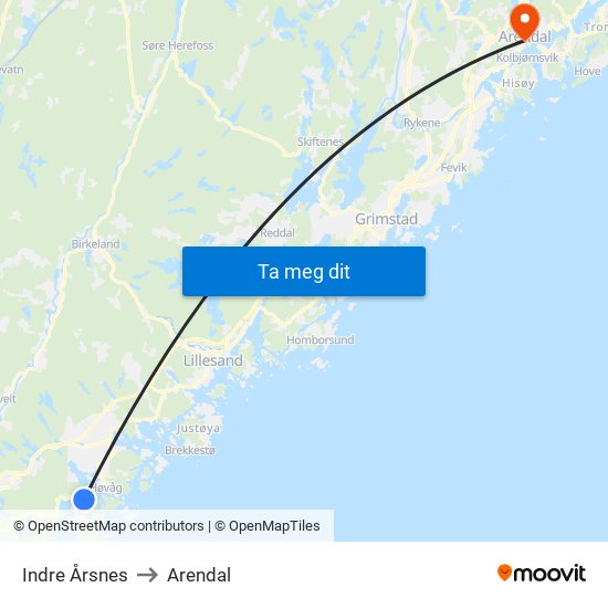 Indre Årsnes to Arendal map