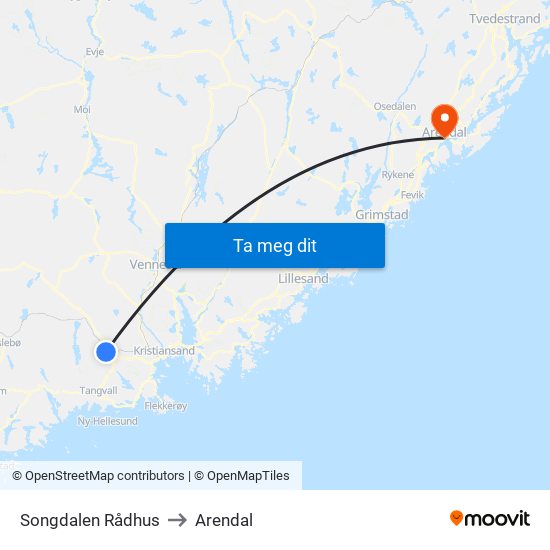 Songdalen Rådhus to Arendal map