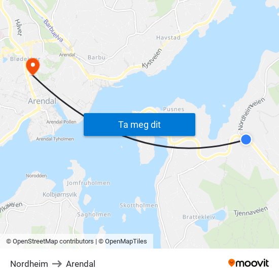 Nordheim to Arendal map