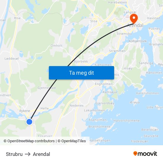 Strubru to Arendal map