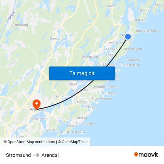 Strømsund to Arendal map