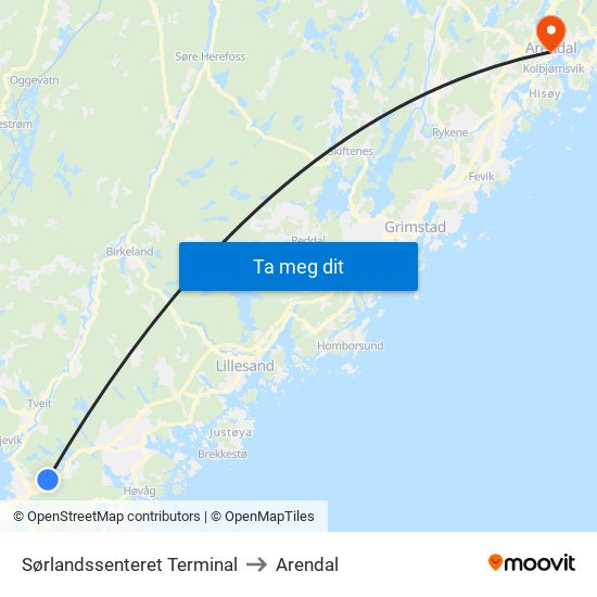 Sørlandssenteret Terminal to Arendal map