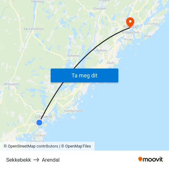 Sekkebekk to Arendal map