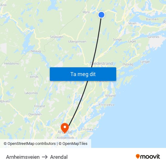 Arnheimsveien to Arendal map