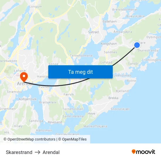 Skarestrand to Arendal map