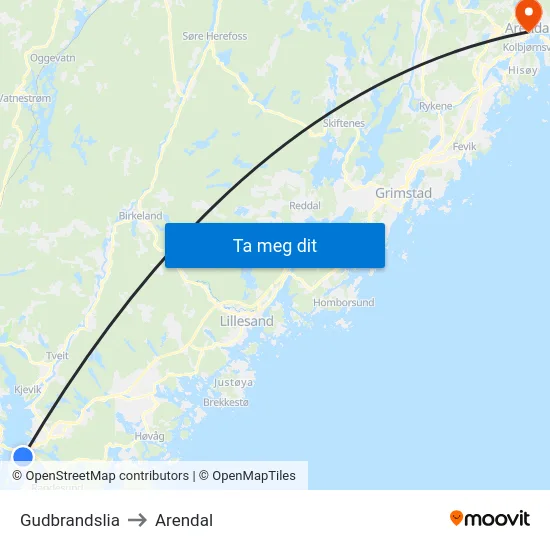 Gudbrandslia to Arendal map