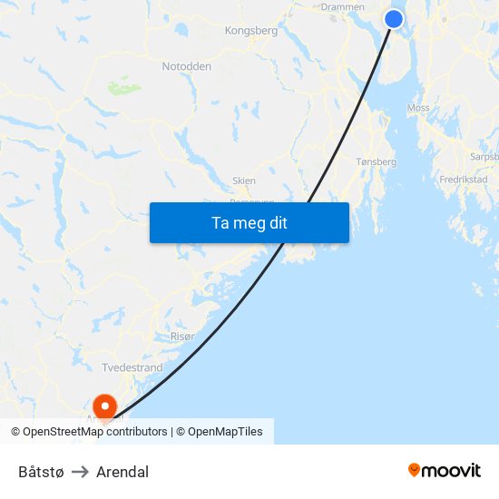 Båtstø to Arendal map