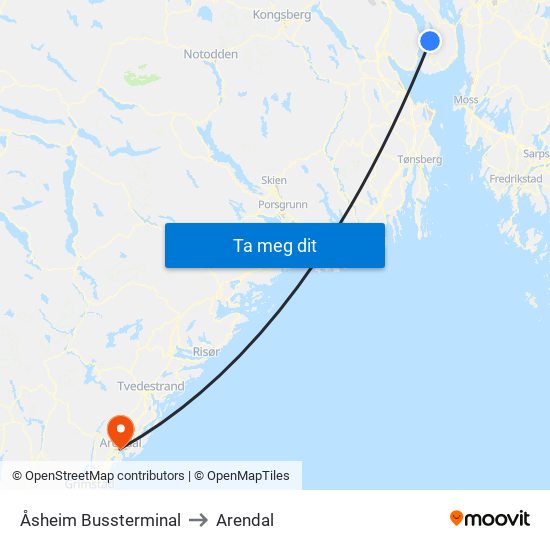 Åsheim Bussterminal to Arendal map