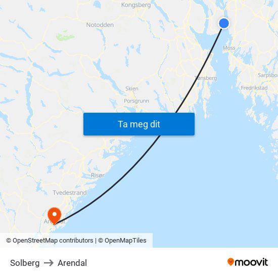 Solberg to Arendal map