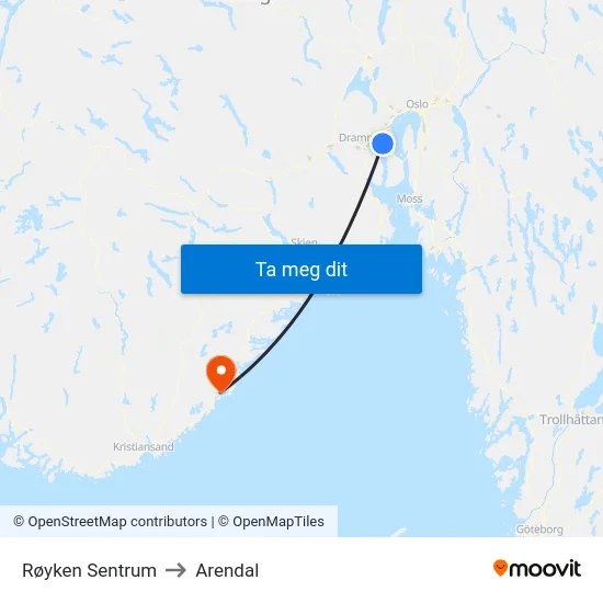 Røyken Sentrum to Arendal map