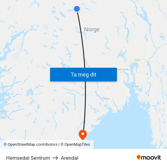 Hemsedal Sentrum to Arendal map