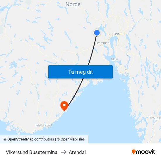 Vikersund Bussterminal to Arendal map