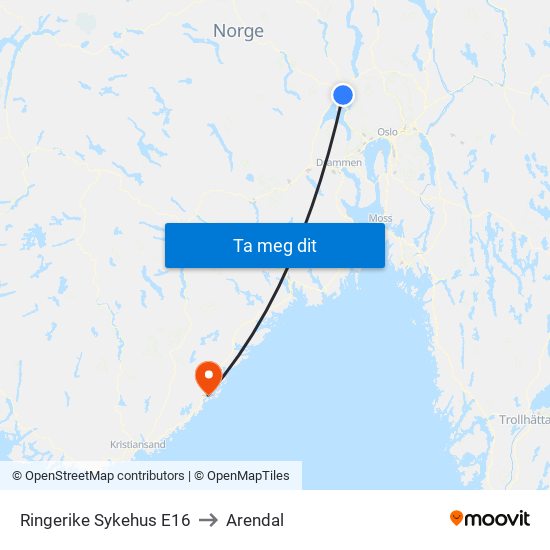 Ringerike Sykehus E16 to Arendal map