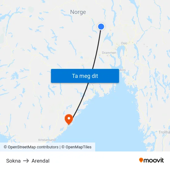 Sokna to Arendal map