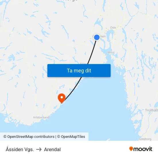 Åssiden Vgs. to Arendal map