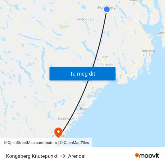 Kongsberg Knutepunkt to Arendal map