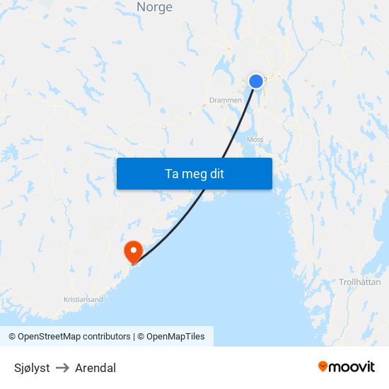 Sjølyst to Arendal map