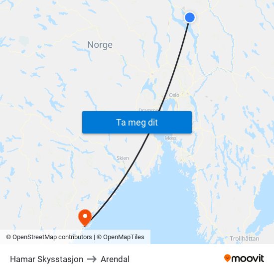 Hamar Skysstasjon to Arendal map