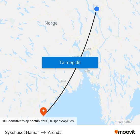 Sykehuset Hamar to Arendal map