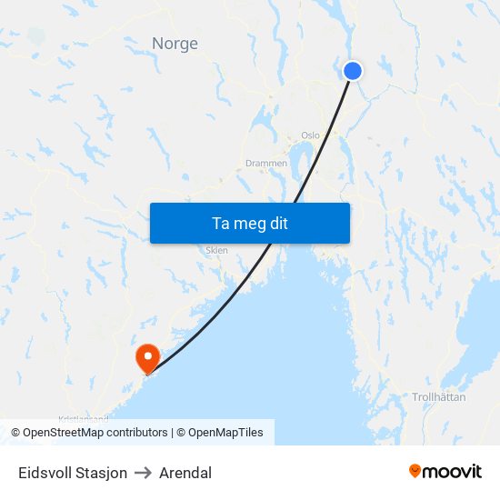 Eidsvoll Stasjon to Arendal map