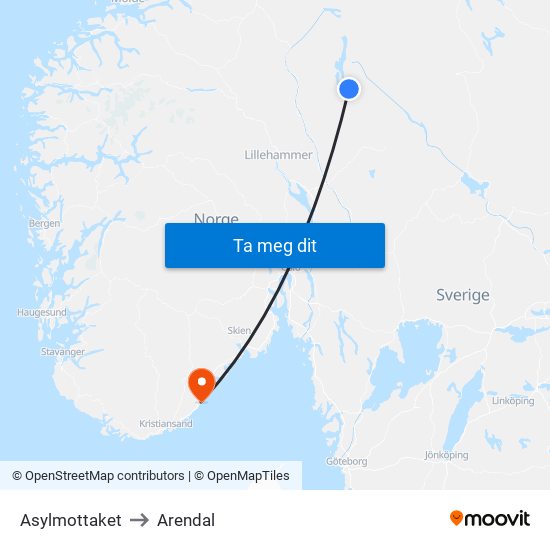 Asylmottaket to Arendal map