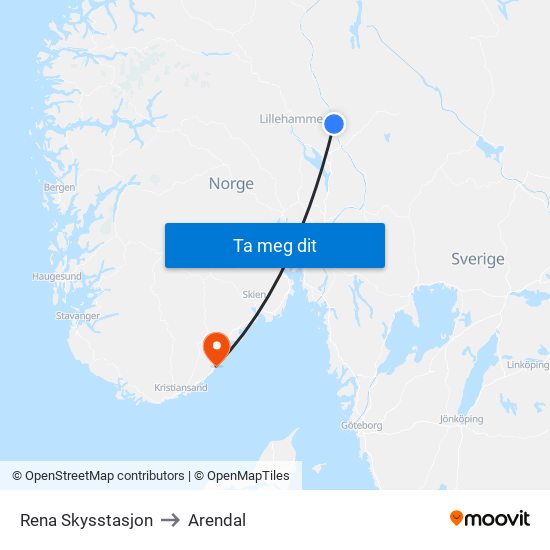 Rena Skysstasjon to Arendal map