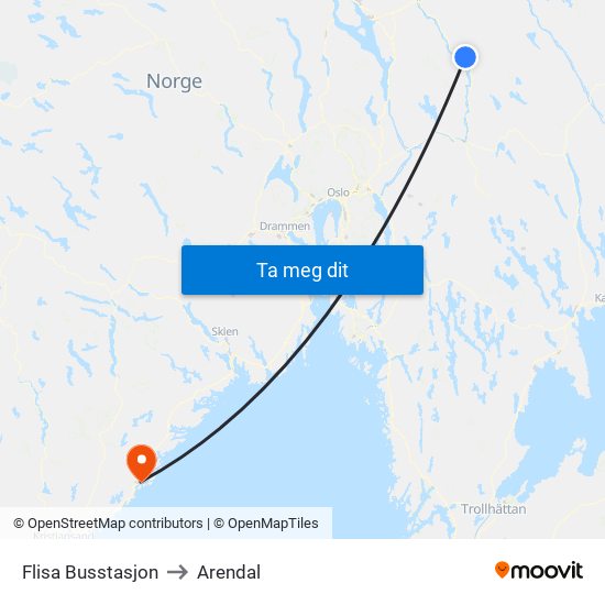 Flisa Busstasjon to Arendal map