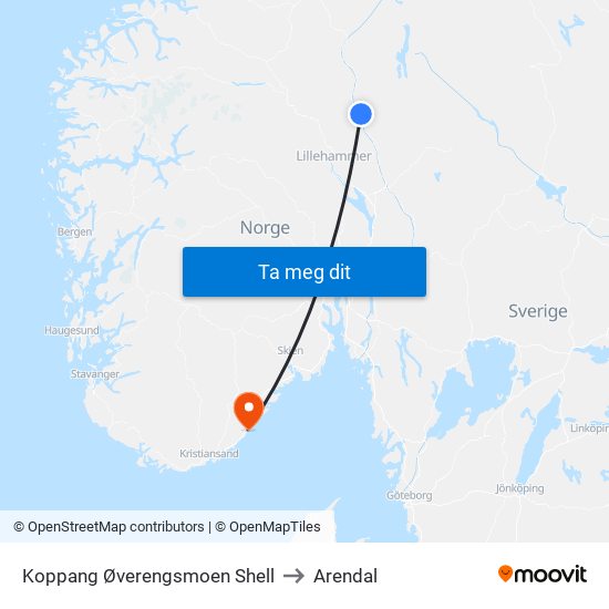 Koppang Øverengsmoen Shell to Arendal map