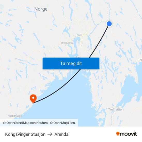 Kongsvinger Stasjon to Arendal map