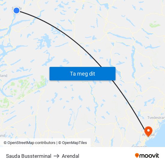 Sauda Bussterminal to Arendal map