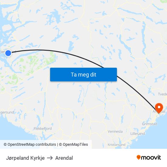 Jørpeland Kyrkje to Arendal map