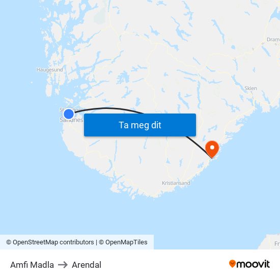 Amfi Madla to Arendal map