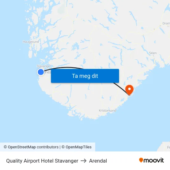 Quality Airport Hotel Stavanger to Arendal map