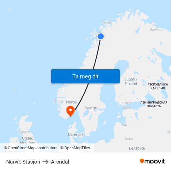Narvik Stasjon to Arendal map