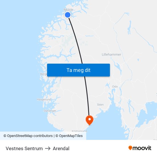 Vestnes Sentrum to Arendal map